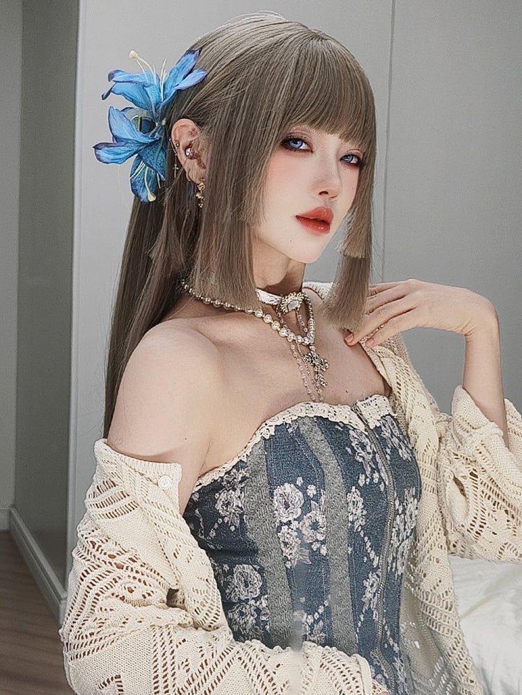 ライトブラウン姫カットロングストレート合成ウィッグ