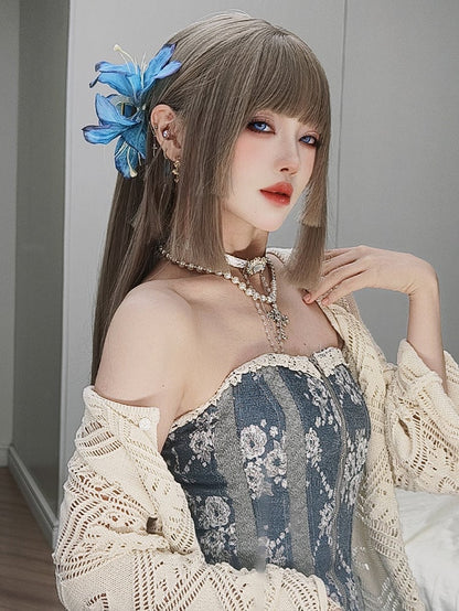 ライトブラウン姫カットロングストレート合成ウィッグ