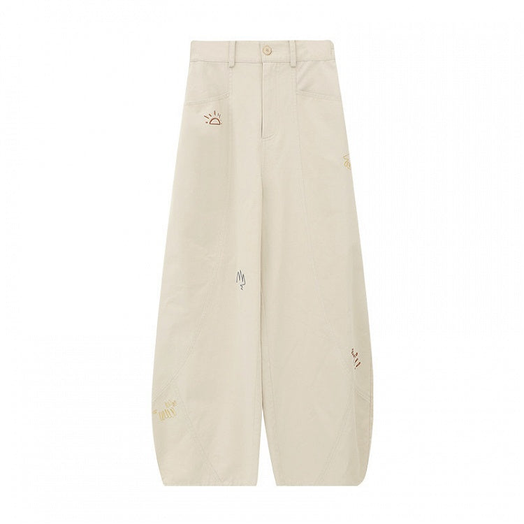 Wide-leg Beige for Pants Cute Autumn Winter Cut - Vintage Embroidery