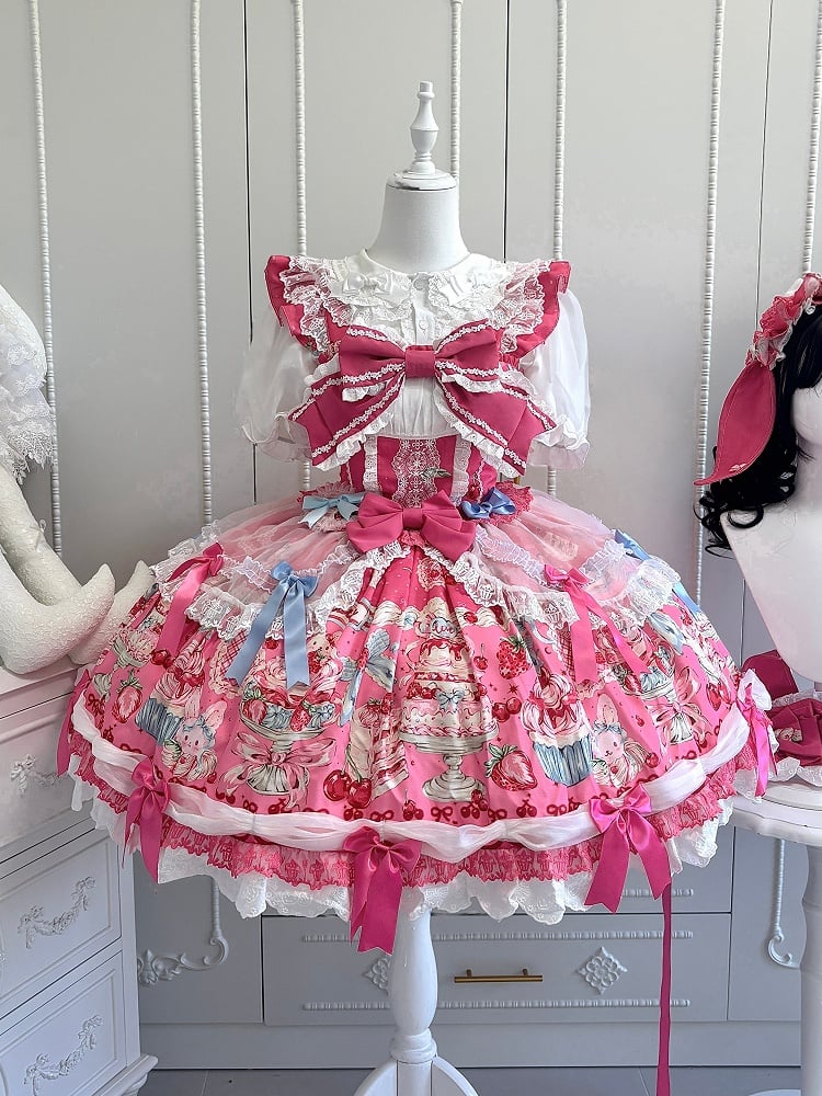 Bunny Bow Rose Sweet Accents Kleid und Print Lolita Erdbeerrosa