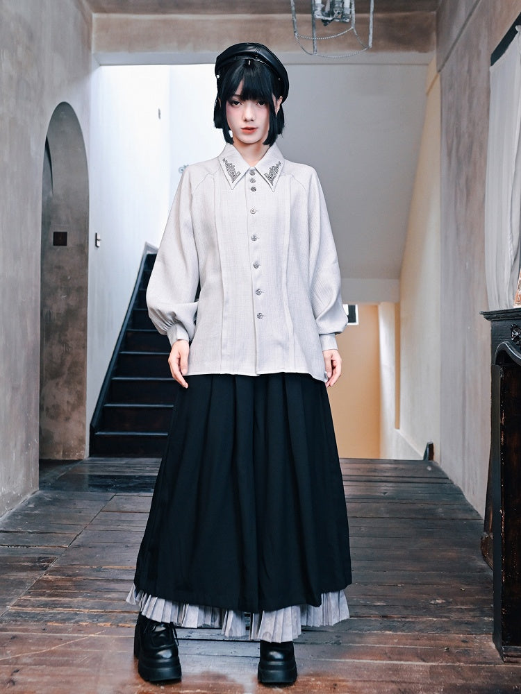 Shirt with Embroidery Light Bronze Gothic Sleeves Bishop Cheongsam Gray