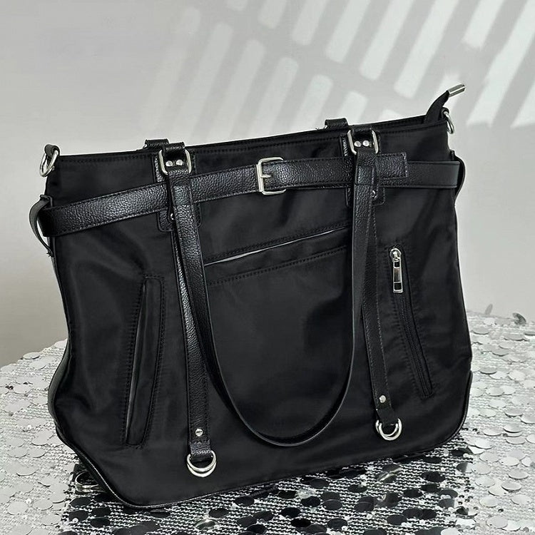 Black With Chic Bold Strap Details Contrast Tote Large-Sized