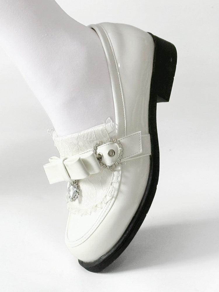 Details Polished Accent White Rhinestone Bow Low-heel PU Heart