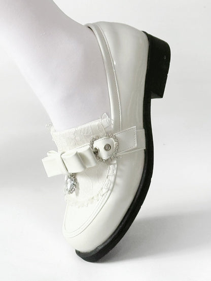 Details Polished Accent White Rhinestone Bow Low-heel PU Heart