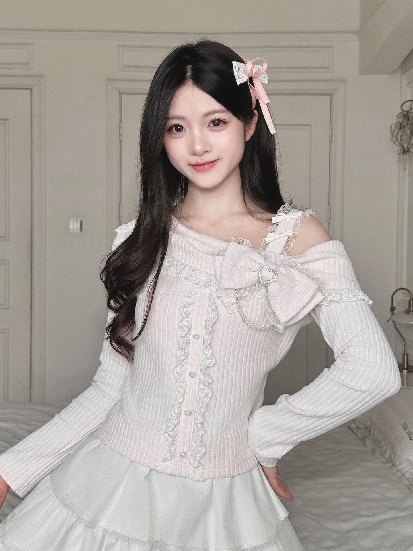 Pink Cutout Design Lace-up Knit Top