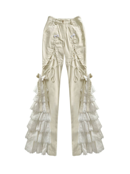 White Tiered Lace Patches Cuffs Flared Pants