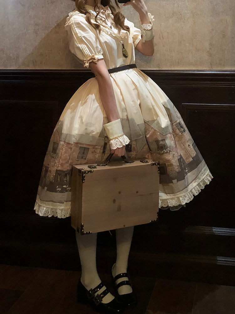 Lolita Dress Sleeves Print and Starry Beige Short Night Bakery