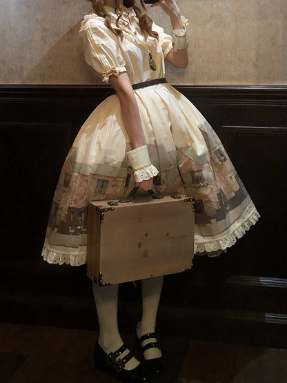 Lolita Dress Sleeves Print and Starry Beige Short Night Bakery