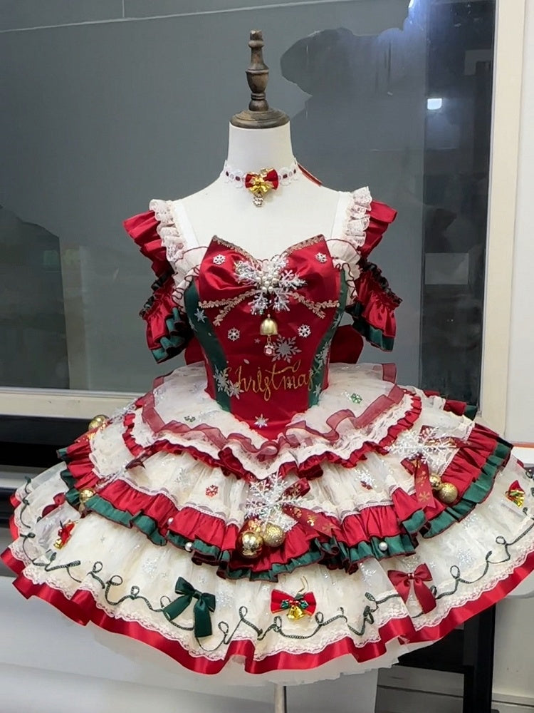 Red & Green Christmas Lolita Balletcore Snowflake Dress with Bells - Elsa's Magic Castle