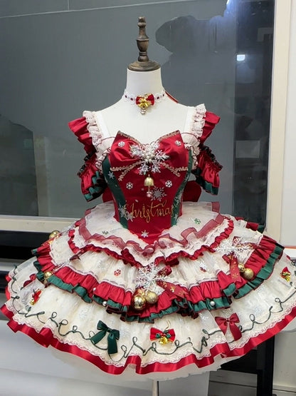 Red & Green Christmas Lolita Balletcore Snowflake Dress with Bells - Elsa's Magic Castle