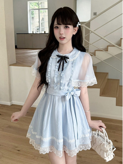 Blue Tulle Cape Peter Pan Collar Dress with Bow Tie Seiso Style - LA LA JK