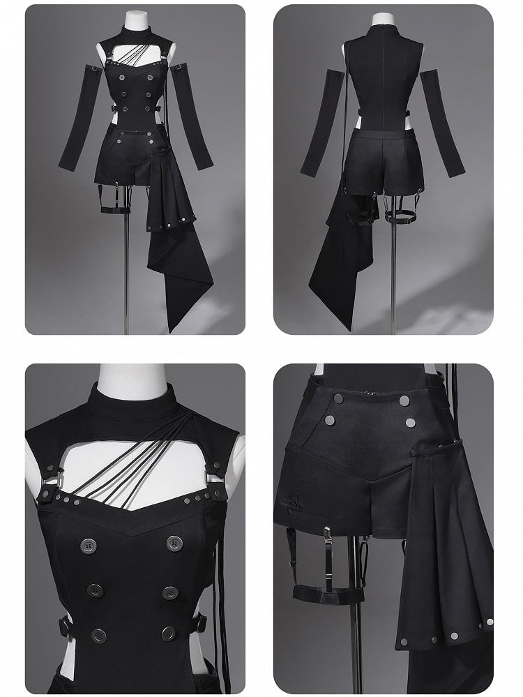 Gothic Lolita Black Top with Asymmetrical Design, Metal Buckle Detail, Shorts and Wrist Cuffs Set - Unknown Star