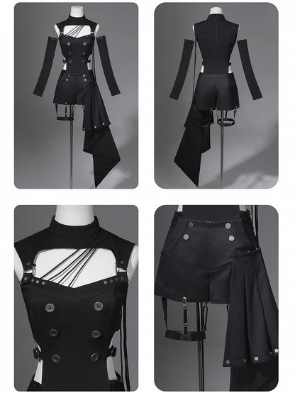 Gothic Lolita Black Top with Asymmetrical Design, Metal Buckle Detail, Shorts and Wrist Cuffs Set - Unknown Star