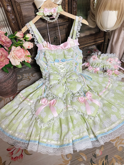 Decoration Skirt Green Bow and Lolita Rosette Fabric Jumper Heart Padded