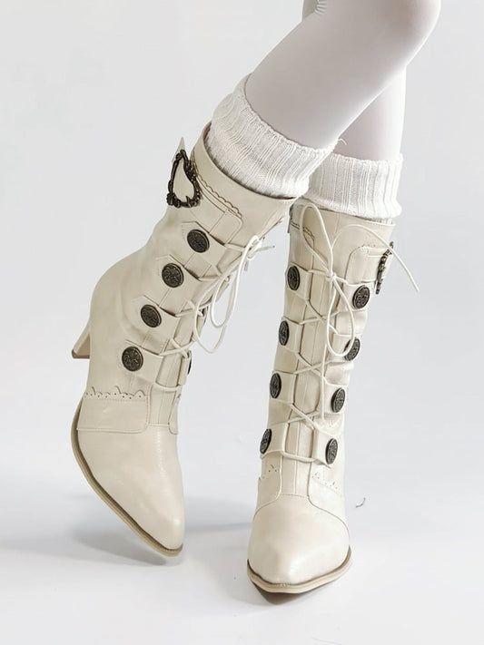 Buckle Heels PU Accents Vintage Off-white Mid-Calf Leather Lacing - Toe Decorative Pointed Lolita with Boots