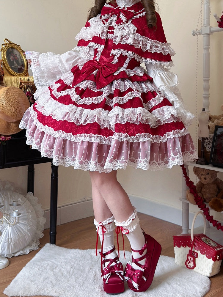 Verzierter Schleifenrock Pullover Weißes Lolita Spitzenkleid Hanayome Rote Borten