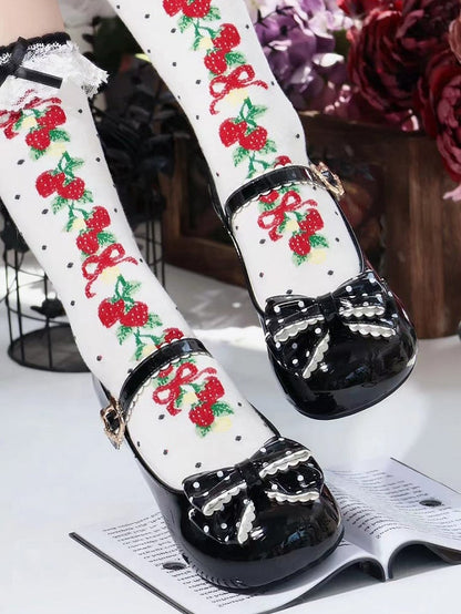 with Black Pattern Clasp Dot PU Shoes and Adorable in Bow Round Bear Low-heel Toe