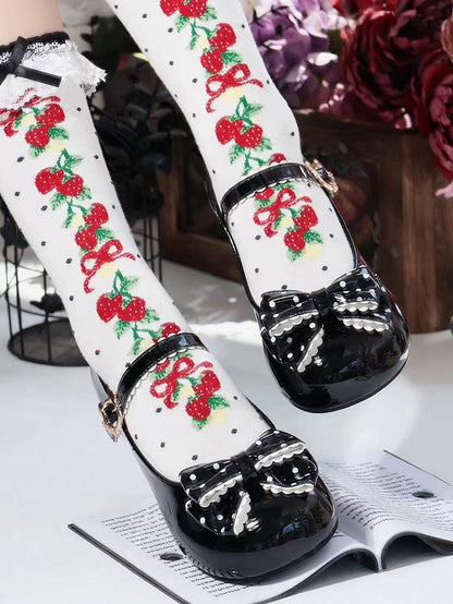 with Bear Round Low-heel Pattern Black and Toe Adorable Dot Clasp Bow in PU Shoes