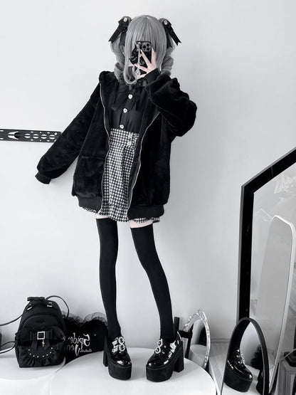 Coat Ear Kei Thickened Fleece Black Hooded Safety Jirai Kitty Version Pin Decor