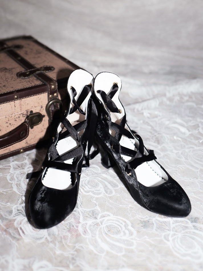Pointed - High-heel Lace-up Design Lolita Toe Black Shoes Closure Elegant