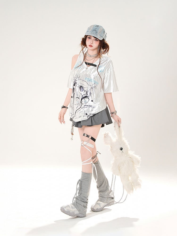 Satin Anime Girl Print Cutout Shoulder T-shirt White Pattern Striped V-neck