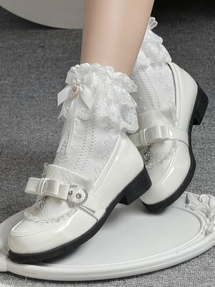 Details Polished Accent White Rhinestone Bow Low-heel PU Heart