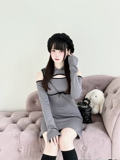 Jirai Hoodie Schulter Grau Daywear Cutout Kei Über Dem Knie - Brust Kleid