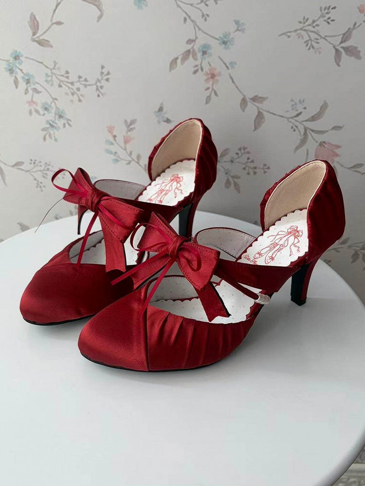 with Lolita Satin High-heel Toe Classic Accents Bow Red Pointed Shoes