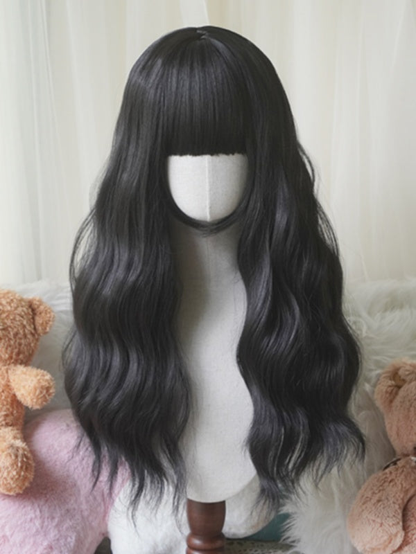 Schwarz/Weiß/Hellblond/Blond/Karamell/Grau, lange, gewellte Perücke mit vollem Pony