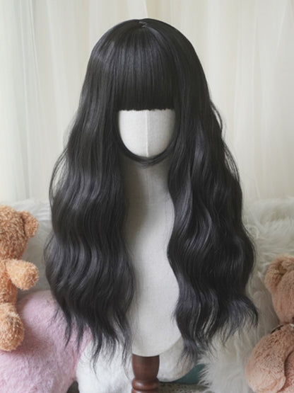 Schwarz/Weiß/Hellblond/Blond/Karamell/Grau, lange, gewellte Perücke mit vollem Pony