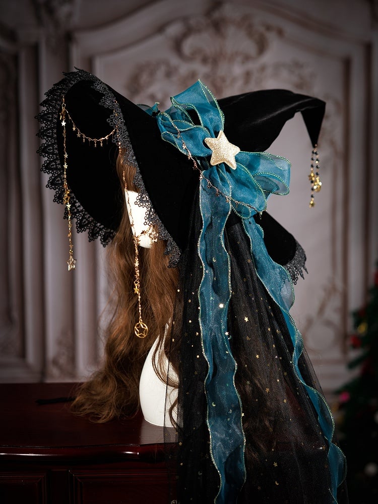 Fancy Peacock Teal Ribbon Bow Christmas Witch Hat with Optional Shiny Veil and Stars Chain