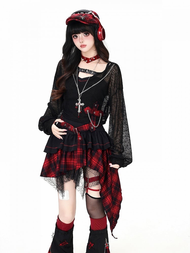 Asymmetrical Hem Camisole Dress in Red Black Plaid - CRAZY GIRL