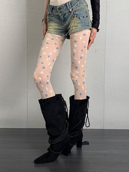 ミルクホワイト Y2K スタープリント パンクタイツ
