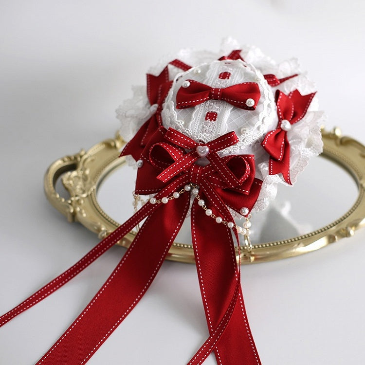 Bowknot Decorations Hat With Mini Heart-Shaped Red White Bead Charming Charms and Lace Lolita And