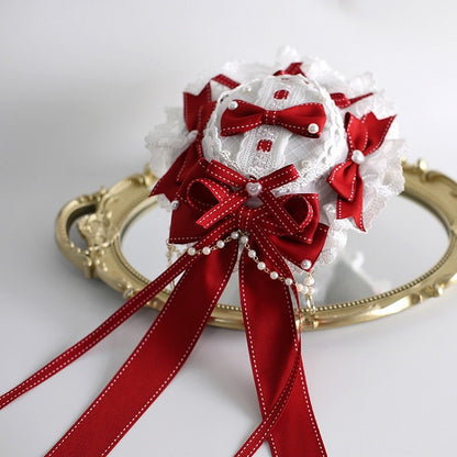 Bowknot Decorations Hat With Mini Heart-Shaped Red White Bead Charming Charms and Lace Lolita And