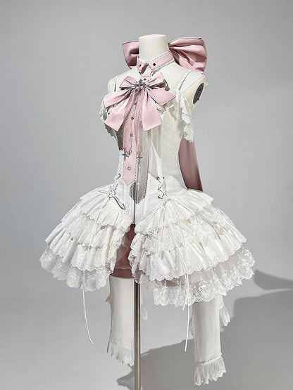 Träger Spaghetti JSK Lolita Rosa Balletcore Weißes Korsett + Kleid