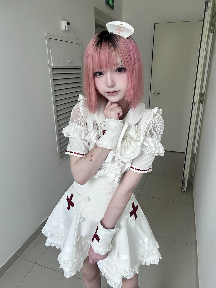 White Lace Blouse & Skirt Set with Straps & Bow - Shi Zhai Xin
