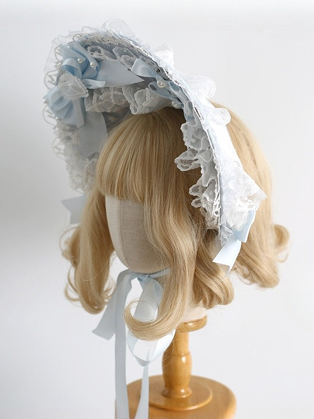 Lace Bowknot Details Clips Sweet Lolita Decorated Beaded Bonnet With Light Trim Blue