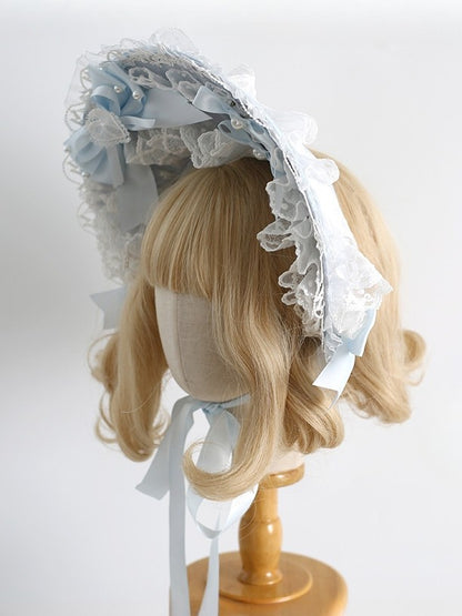 Lace Bowknot Details Clips Sweet Lolita Decorated Beaded Bonnet With Light Trim Blue