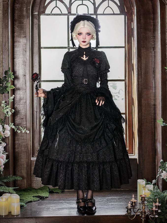 Drawstring Lolita Black Detail Long Skirt Gothic