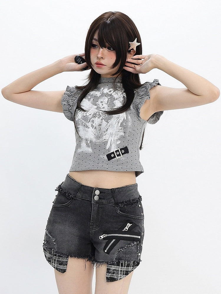 Gray White Flutter Sleeve Top with Angel Skeleton and Buckle - Catwish