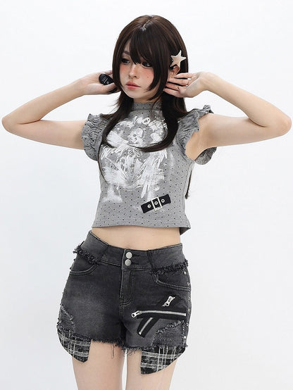Gray White Flutter Sleeve Top with Angel Skeleton and Buckle - Catwish