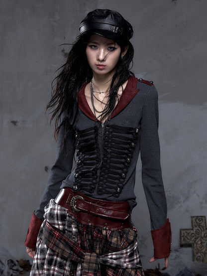 Black Knit with Suede Gray Vintage Punk Red Epaulets Knight Top Braid