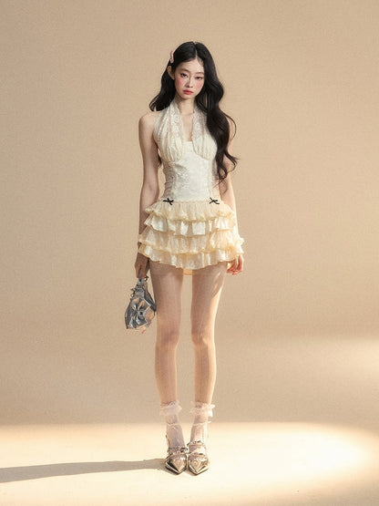 Dress Apricot Halter Neck Contrast Lace Patches Tiered Ruffles