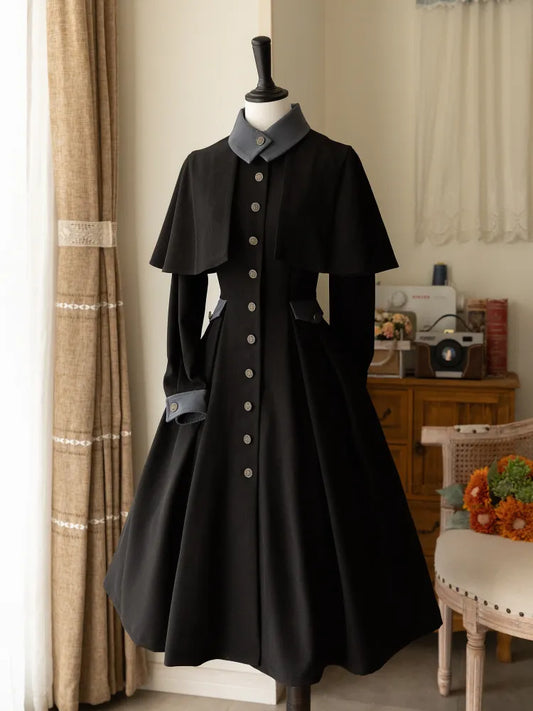 Black Design Fashion Placket Retro Buttons Dress Elegant Cape Detachable Front Bronze-tone