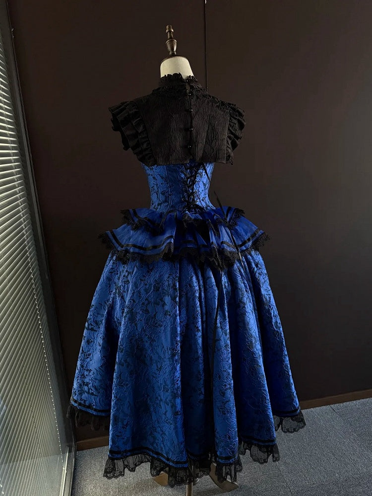 Gothic Lolita Boned Corset Top with Tiered Skirt and Collar in Klein Blue and Black - Somnium Isle
