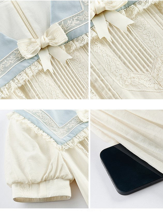 Lace Milk White Sailor Dress Puff Sleeves and Trim Collar Lolita with Light Blue