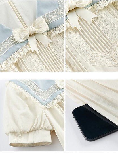 Lace Milk White Sailor Dress Puff Sleeves and Trim Collar Lolita with Light Blue