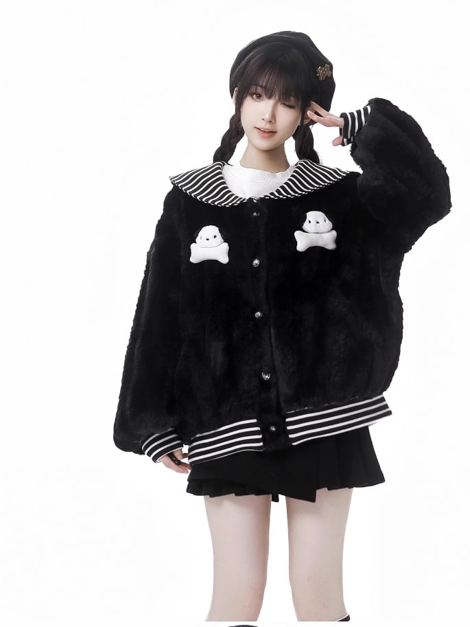 Schwarz gestreifter Plüschmantel mit Matrosenkragen