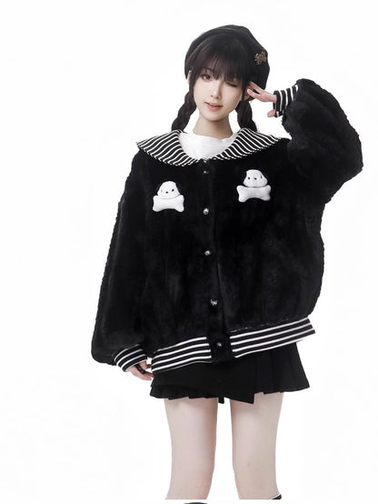 Schwarz gestreifter Plüschmantel mit Matrosenkragen